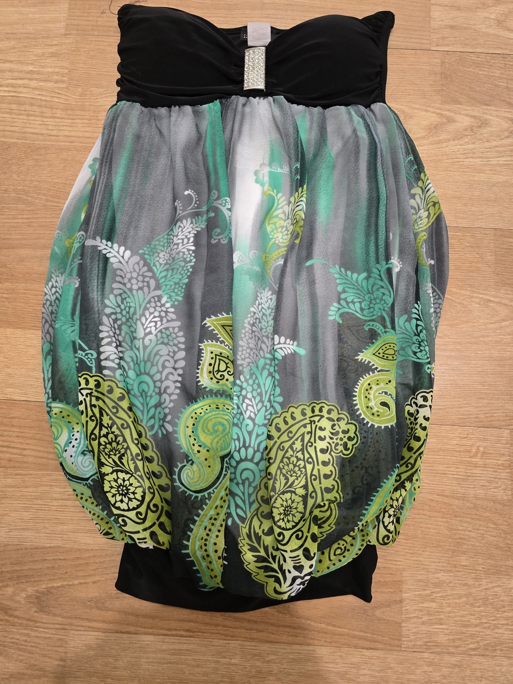 Strapless Floral Print Bubble Dress in Black and Teal
